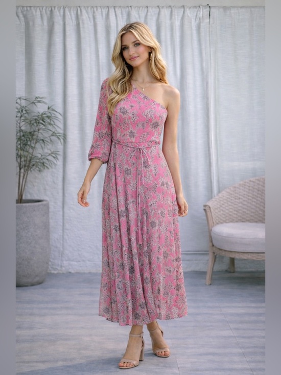 Taylor Dresses & Skirts - Taylor Pink Floral One Shoulder Midi Dress | Size 6